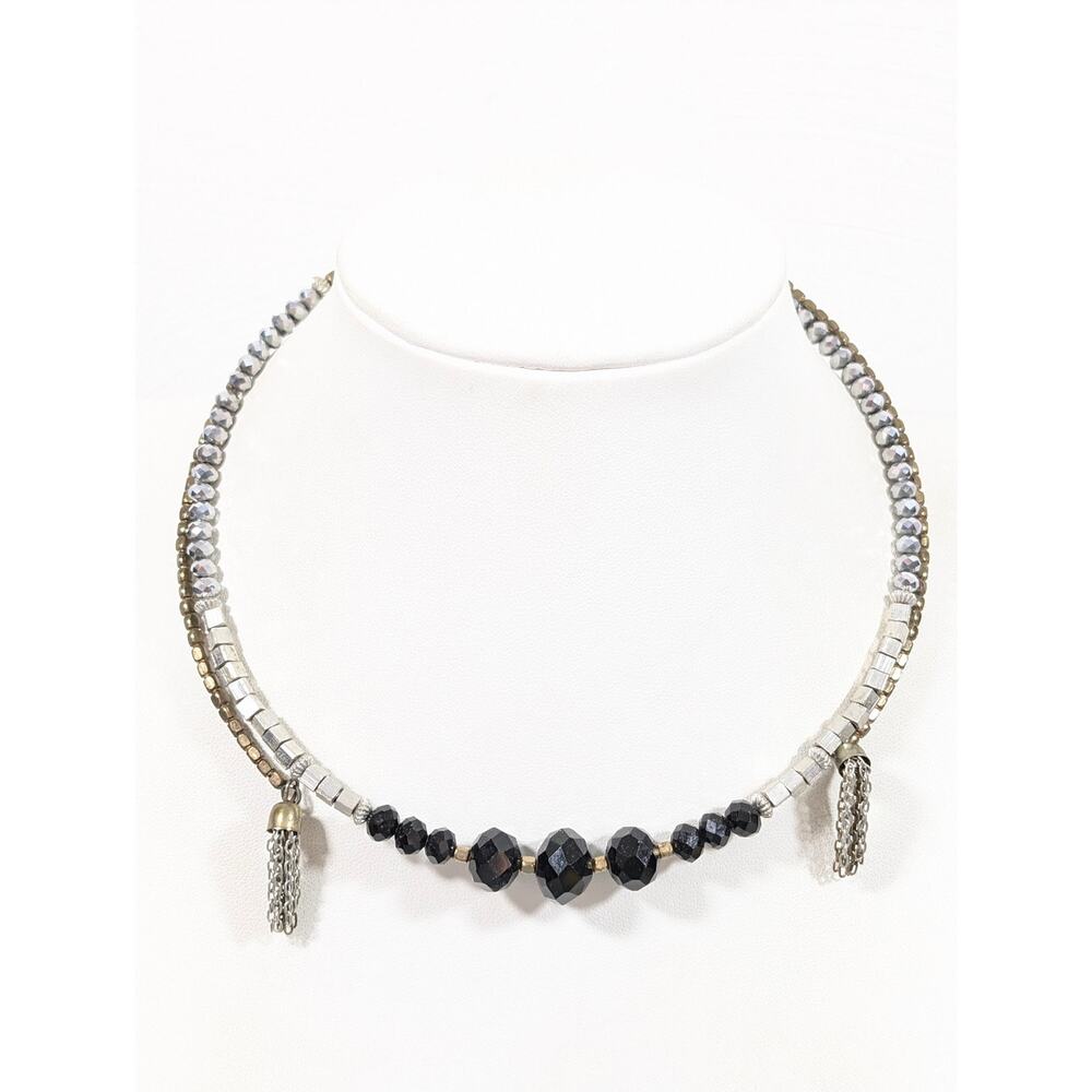 Boho Western Black Facet Glass BEad Bronze Tone Flex WIre Choker Necklace 25"